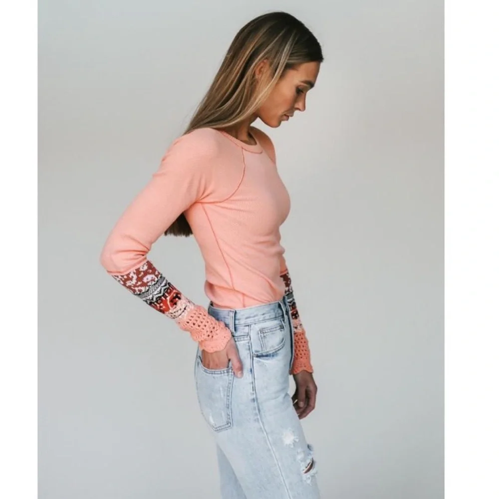 Free People In The Mix Jacquard Cuff Top In Desert Orange